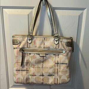 Coach Cream and Gold Tote Bag Purse Hand bag with Signature Monogram